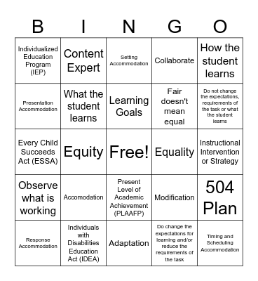 Accommodations & Modifications BINGO Card