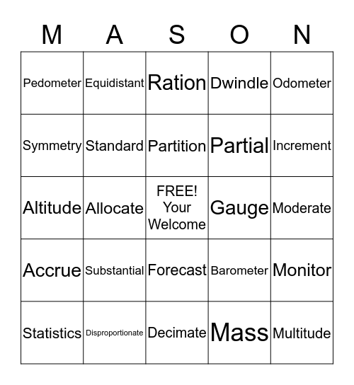 Unit 2 Vocab Game Bingo Card