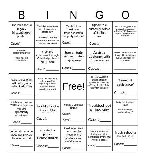 TSR BINGO Card
