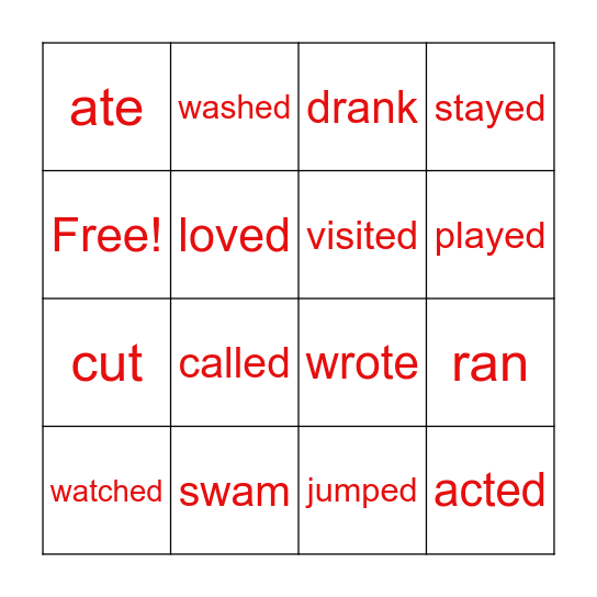 Simple Past Verbs Bingo Card