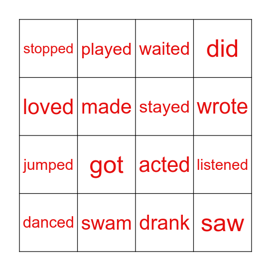 Simple Past Verbs Bingo Card