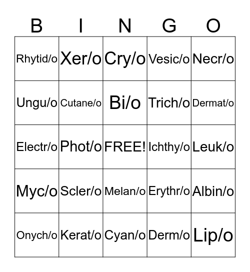 Medical Terminology BINGO Card