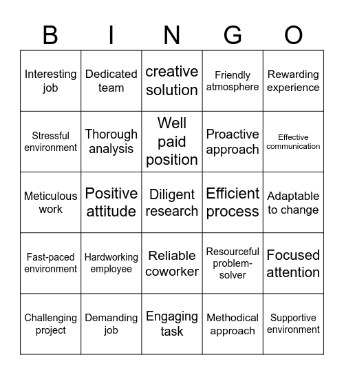 Workplace Adjective Phrases Bingo Card