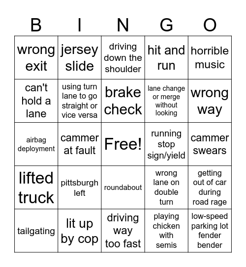 dashcam bingo 1 Bingo Card