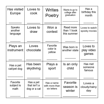 Human Scavenger Hunt Bingo Card