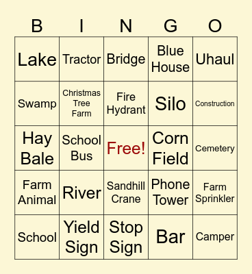 On The Road Again Bingo Card