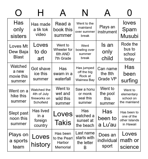 Back to School Bingo- 8th Grade Style Bingo Card