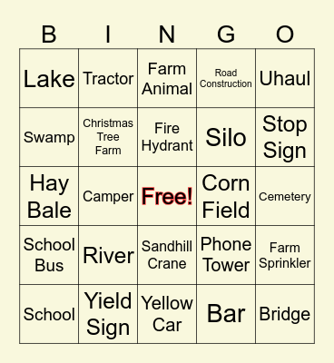 On The Road Again Bingo Card