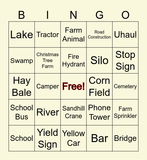 On The Road Again Bingo Card
