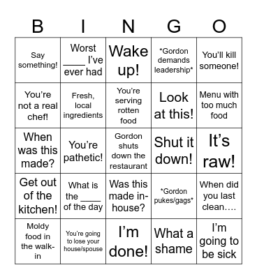 Kitchen Nightmares Bingo Card