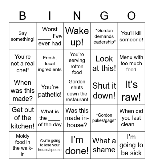 Kitchen Nightmares Bingo Card