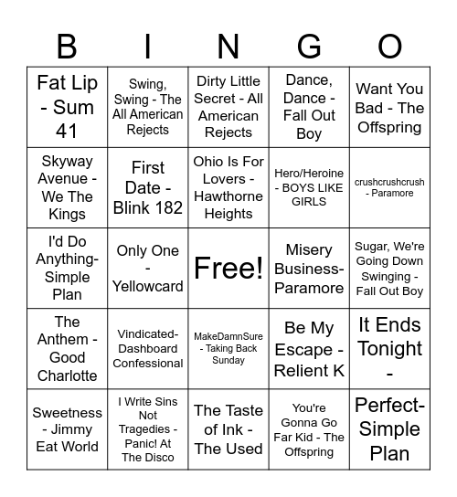 2000s Emo Bingo Card