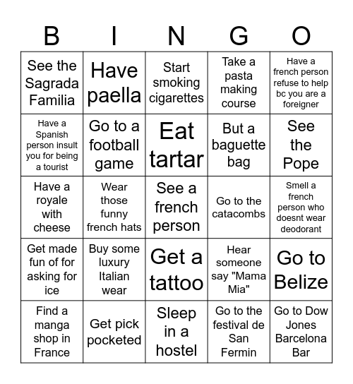 Emm's Trip To Europe Bingo Card
