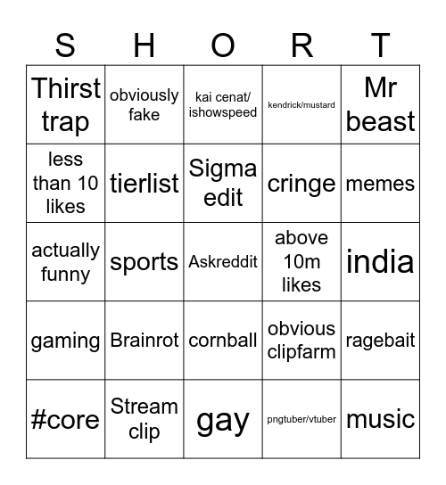 YT shorts Bingo Card