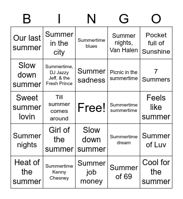 “Summer” Songs Bingo Card