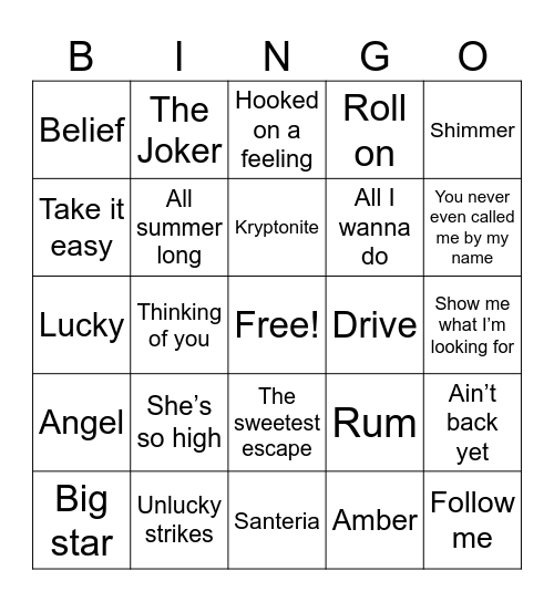 Samantha’s “Super” Playlist Bingo Card