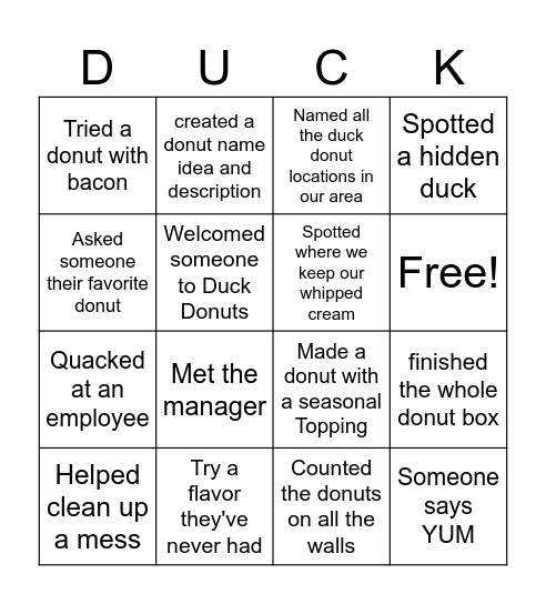 Duck Donuts Bingo Card