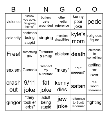 South Park Bingo Card