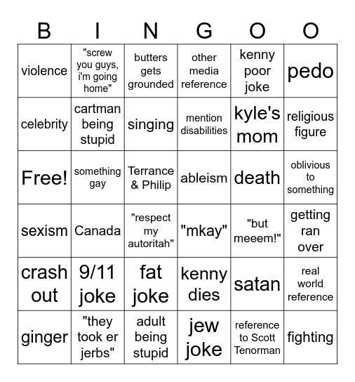 South Park Bingo Card