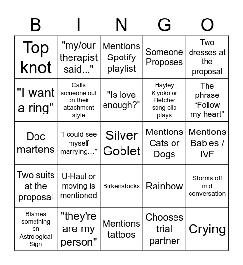The Ultimatum: Queer Love Bingo Card