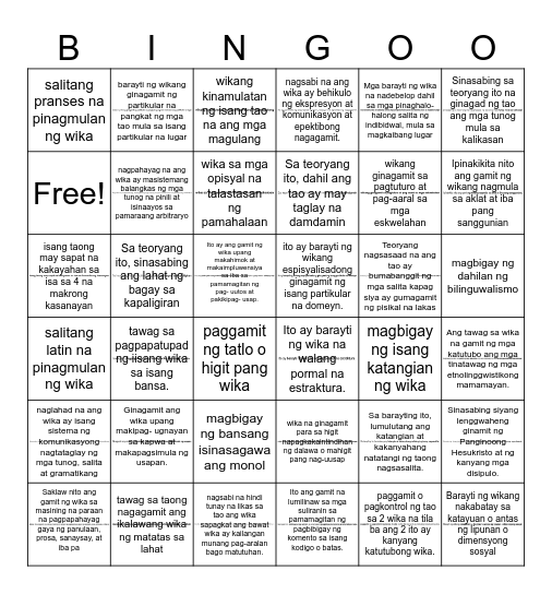 Komunikasyon at Pananaliksik sa Wika at Kulturang Pilipino Bingo Card