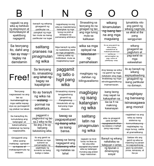 Komunikasyon at Pananaliksik sa Wika at Kulturang Pilipino Bingo Card