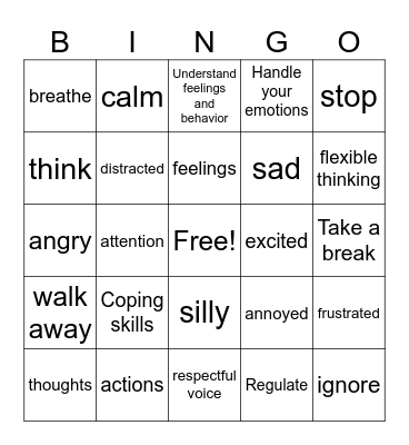 Self-Regulation Bingo Card