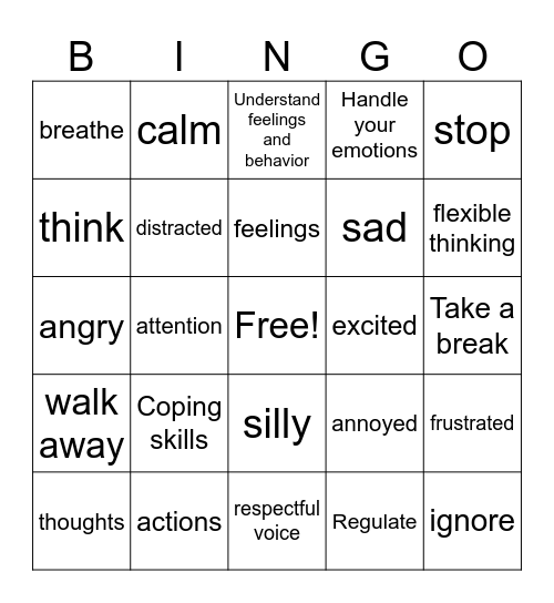 Self-Regulation Bingo Card