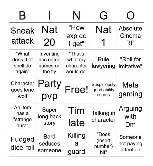 ETHAN D&D BINGO Card
