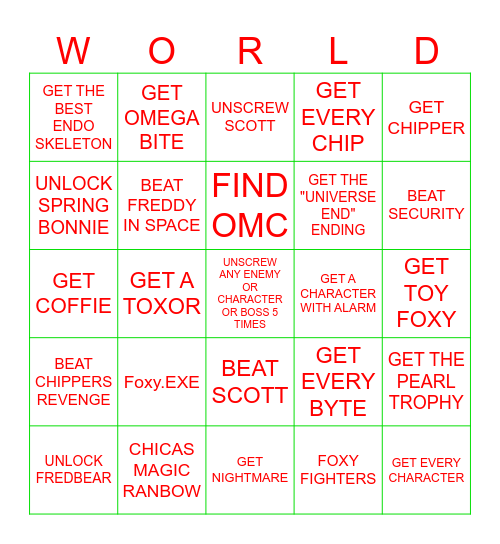 FNAF World Refreshed Bingo Card