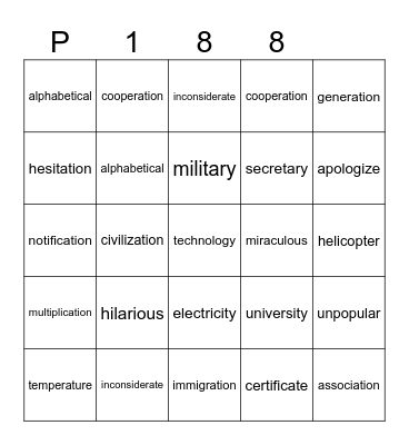 P 188 Bingo Card