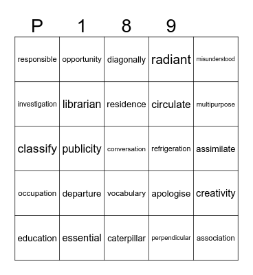 P 189 Bingo Card