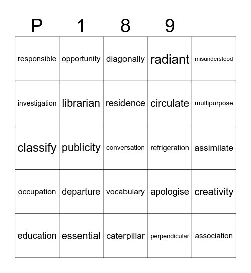 P 189 Bingo Card