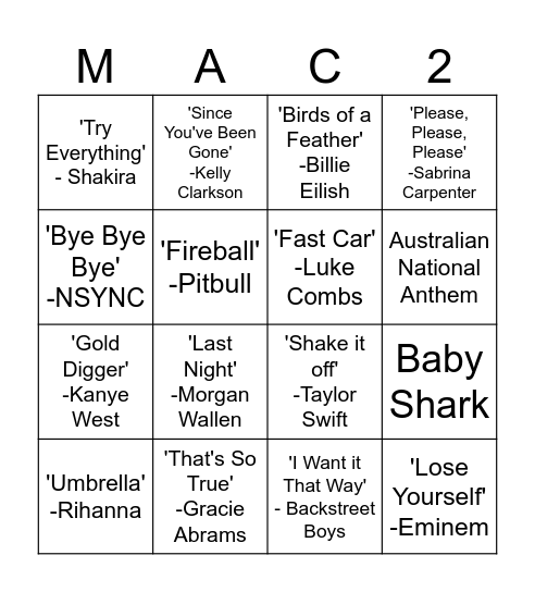 Music Bingo Card
