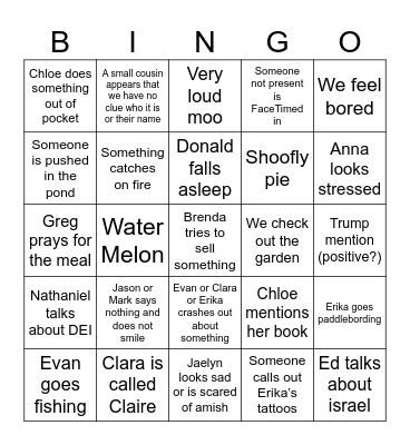 Fletcher Family Bingo Card