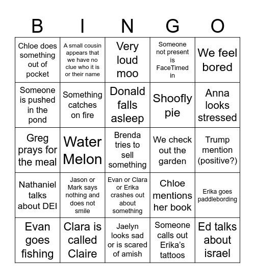 Fletcher Family Bingo Card