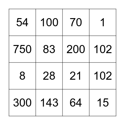 Place Value Bingo Card