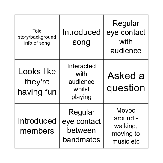 Stage Presence Bingo Card