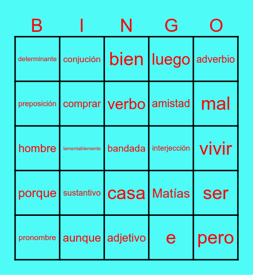 lotería gramatical Bingo Card