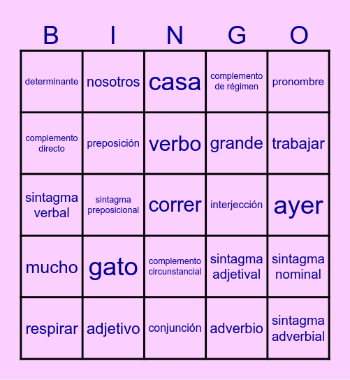 categorias gramaticales Bingo Card