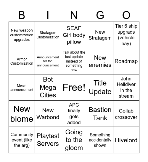 Copium Helldivers Announcement Livestream Bingo Card