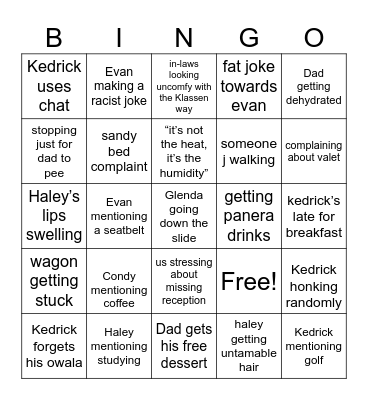 Beach Family Vaca Bingo Card