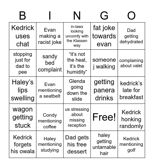 Beach Family Vaca Bingo Card