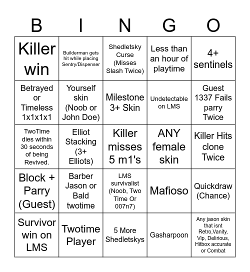 Forsaken Bingo Card