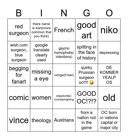 G&B OC bingo Card