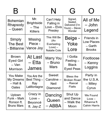 Wedding Music Bingo Card