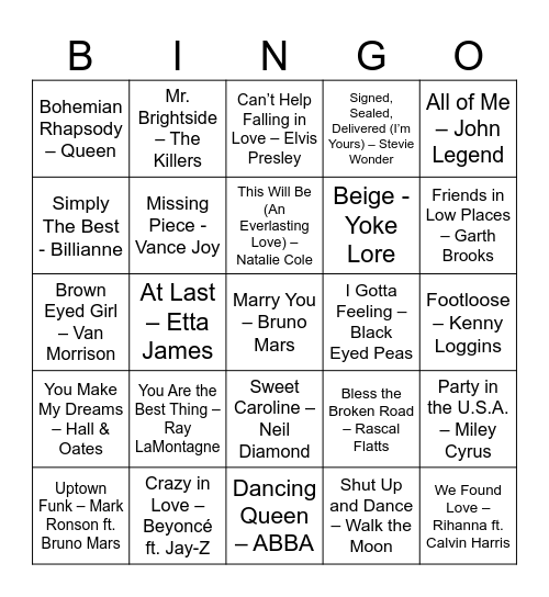 Wedding Music Bingo Card