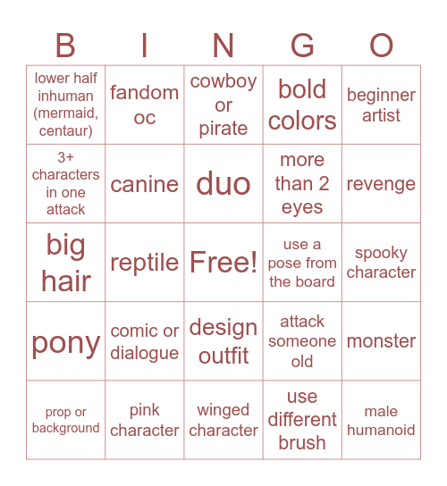 Artfight Bingo! Bingo Card