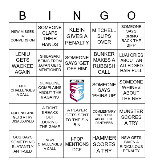 STATE OF ORIGIN Bingo Card