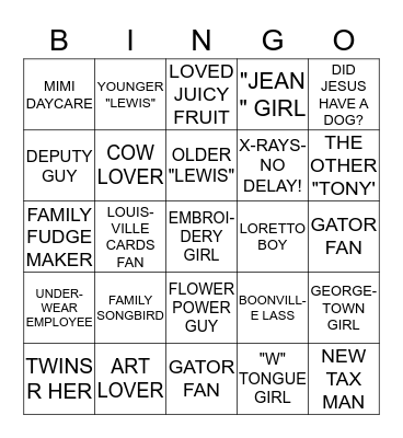 Blackburn Family 2013 Bingo Card